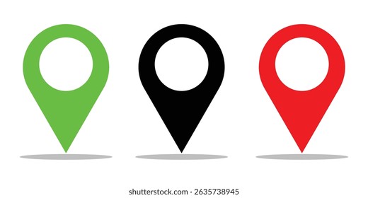 Location or map pin vector icon symbol set.  Black, red, and green location icon set on white background. Location pointer. Vector illustration.