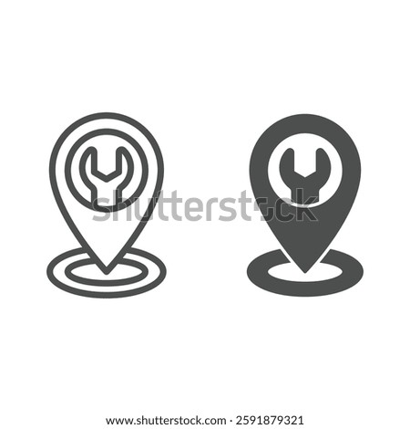 Location map pin with wrench line and solid icon, car service concept. Vector graphics. Wrench tool geo navigation mark sign on white background, outline style icon for mobile or web design