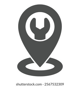 Location map pin with wrench solid icon, car service concept. Vector graphics. Wrench tool geo navigation mark sign on white background, glyph style icon for mobile or web design