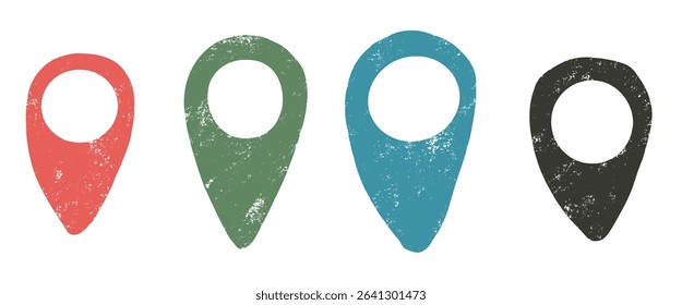 Location map pins colorful crayon drawn set. Road pointer hand drawn doodle isolated on white background. Travel destination symbol elements. Vector navigation geo position illustration by pencil.