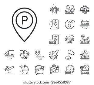 Location map pointer sign. Plane, supply chain and place location outline icons. Parking line icon. Car park symbol. Parking line sign. Taxi transport, rent a bike icon. Travel map. Vector