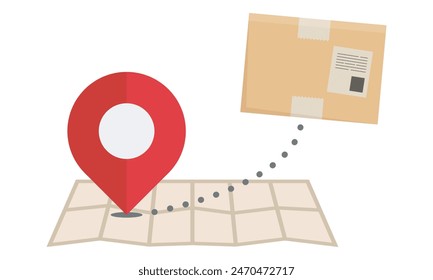 Location map pointer with white dot on a paper map and a cardboard box icon. Cargo delivery service concept. Vector illustration