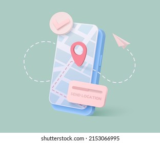Location map in realistic style on green background. Realistic smartphone mockup. 3d vector illustration