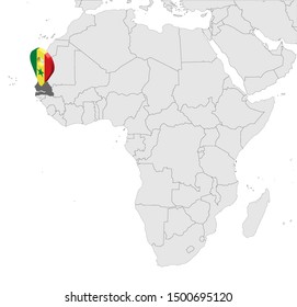 Location Map Republic of Senegal on map Africa. 3d Senegal flag map marker location pin. High quality map of Senegal.  Vector illustration EPS10.