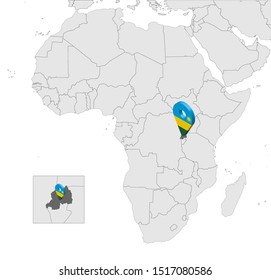 Location Map of  Rwanda on map Africa. 3d Republic of Rwanda flag map marker location pin. High quality map of  Rwanda. Vector illustration EPS10.