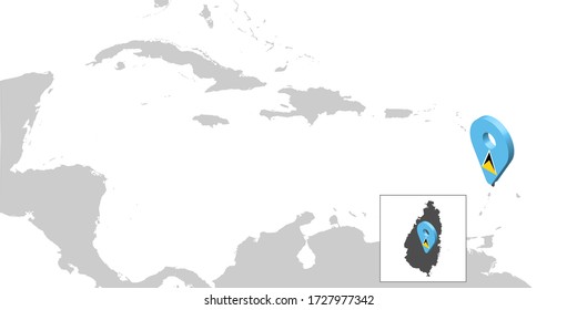 Location Map Saint Lucia on map Central America. 3d St Lucia flag map marker location pin for your web site design, UI. Antilles.  UK. Central America.  EPS10.