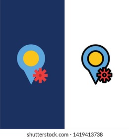 Location, Map, Settings  Icons. Flat and Line Filled Icon Set Vector Blue Background