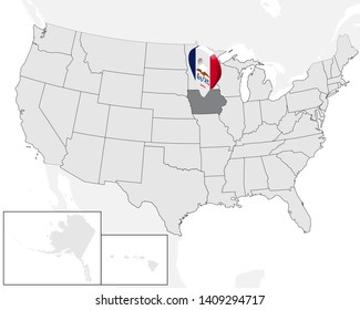 Location Map of State Iowa on map USA. 3d State Iowa flag map marker location pin. High quality map of  Iowa.  Vector illustration EPS10.