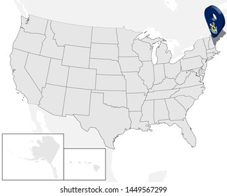 Location Map of  State Maine on map USA. 3d State Maine flag map marker location pin. High quality map of  Maine.  Vector illustration EPS10.