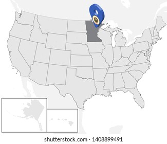 Location Map of State Minnesota on map USA. 3d State Minnesota flag map marker location pin. High quality map of  Minnesota.  Vector illustration EPS10.