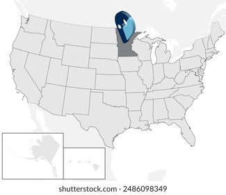 Mapa de Locación del estado de Minnesota en el mapa de EE.UU. 3d Estado de Minnesota nuevo marcador de mapa de bandera ubicación pin. Mapa de alta calidad de Minnesota.  Ilustración vectorial EPS10.
