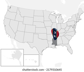 Location Map of State Mississippi on map USA. 3d State Mississippi flag map marker location pin. High quality map of  Mississippi.  Vector illustration EPS10.