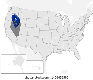 Location Map of State Nevada  on map USA. 3d State Nevada flag map marker location pin. High quality map of  Nevada.  Vector illustration EPS10.