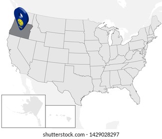Location Map of  State Oregon on map USA. 3d State Oregon flag map marker location pin. High quality map of  Oregon.  Vector illustration EPS10.