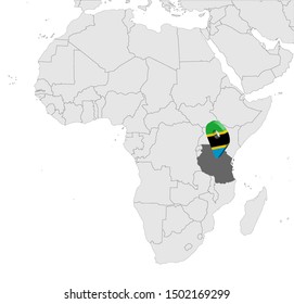 Location Map United Republic of Tanzania on map Africa. 3d Tanzania flag map marker location pin. High quality map of Tanzania.  Vector illustration EPS10.