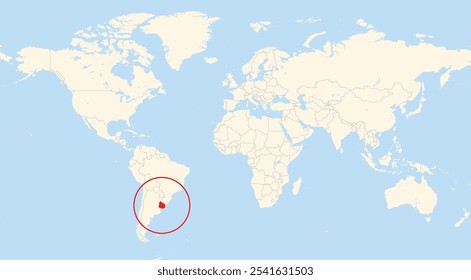 Mapa de Locación de Uruguay en América del Sur mostrado en un mapa mundial