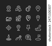 Location and mapping icons, white on black background. Maps, pins, compasses, globes for navigation and finding places. Customizable line weight
