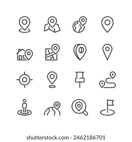 Locación y asignación, conjunto de iconos de estilo lineal. Marcar puntos, localizar lugares y encontrar coordenadas geográficas. Mapas, clavijas, brújulas y globos para navegación. Ancho de trazo editable