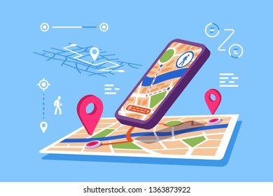 Location maps online application vector illustration. Modern smartphone with opened app of geolocation with pins, possible routes, distances flat style design. GPS satellite navigation concept