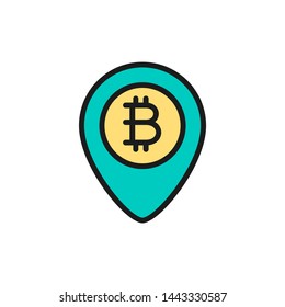 Location mark with bitcoin coin, blockchain flat color icon.