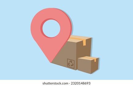 Marca de ubicación y caja de cartón. Concepto de logística y distribución. Entrega rápida en casa. Seguimiento de pedidos o paquetes. Marcador de pinza.