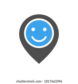 Location mark with happy face colored icon. Customer satisfaction, like, rating, positive feedback symbol