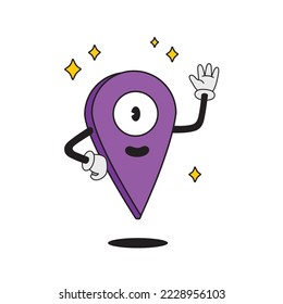 Location mark icon, classic animation style character. Doodle character is waving hand. Cartoon character location sign.