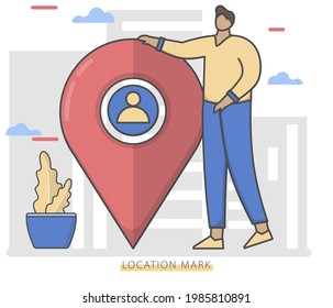 LOCATION MARK - man holding to big map pointer. travel or navigation service, online locator. Modern flat vector illustration.