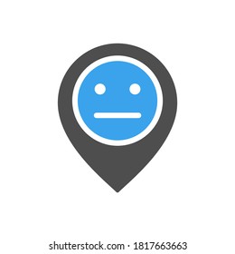 Location mark with neutral face colored icon. Customer unsatisfaction, rating, negative feedback symbol