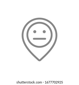 Location mark with neutral face line icon. Customer unsatisfaction, negative feedback symbol