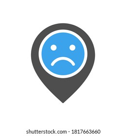 Ortsmarke mit traurigem, gesichtsfarbenem Symbol. Unzufriedenheit des Kunden, im Gegensatz zu Ratings, negatives Feedback-Symbol