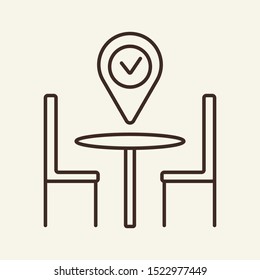 Location mark with tick above table line icon. Furniture, location, map. Restaurant business concept. Vector illustration can be used for topics like business, catering trade, cuisine
