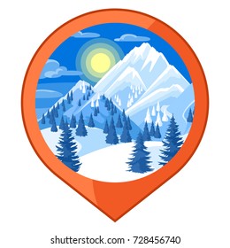 Location mark. Winter landscape with snowy mountains and fir forest.