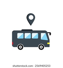 Location marker above dark gray bus, suitable for travel blogs, transportation companies, and navigation apps needing urban imagery.