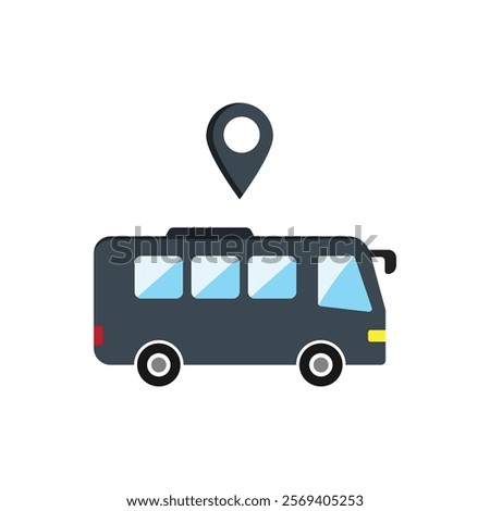 Location marker above dark gray bus, suitable for travel blogs, transportation companies, and navigation apps needing urban imagery.