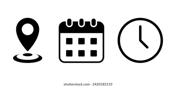 Marcador de ubicación, calendario y vector de icono de reloj. Símbolo de signo de dirección, fecha y hora