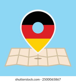 Location marker with flag of Germany and paper map. Flat style. Vector illustration for web design