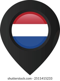 Marcador de Locación con la bandera de los Países Bajos. Pin de ubicación negro sobre fondo transparente. Icono de Vector para App, interfaz de usuario y Diseño web