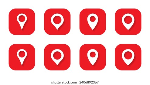 Icono de marcador de ubicación establecido en cuadrado rojo. Símbolo de pin de mapa