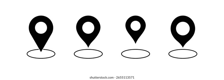 Location marker icon set with shadow and minimal design in solid black for GPS map pin navigation and pointer interface.