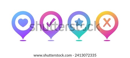 Location marker icons. Flat, color, location with a heart, check mark, star, cross. Vector icons