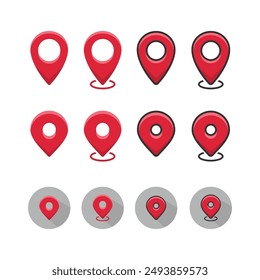 Iconos de marcador de Locación. Plano, rojo, conjunto de marcadores de posición. Iconos vectoriales