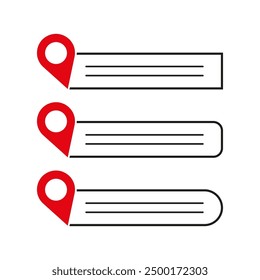 Location marker icons. Red and black. Text placeholders. Vector illustration.