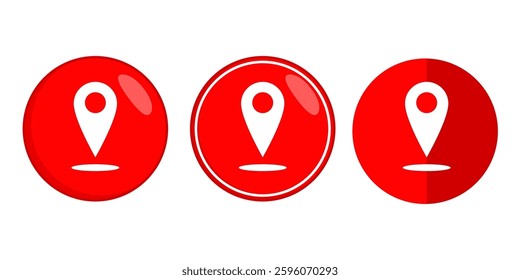 Location marker icons with white pin design, red, map marker. Circular buttons, minimalist design, subtle variations. Ideal for GPS, maps, navigation, and travel apps