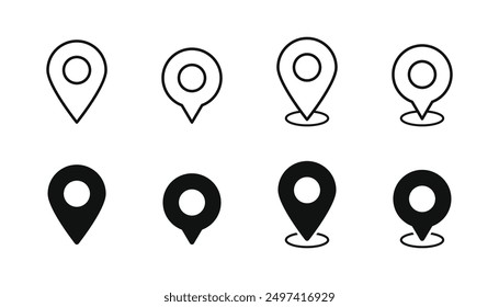 Location marker, map pin icon set. Flat icon set of location and map pins. Map pin place marker. Location pointer icon symbol in flat style. Position symbol. Point illustration sign collection