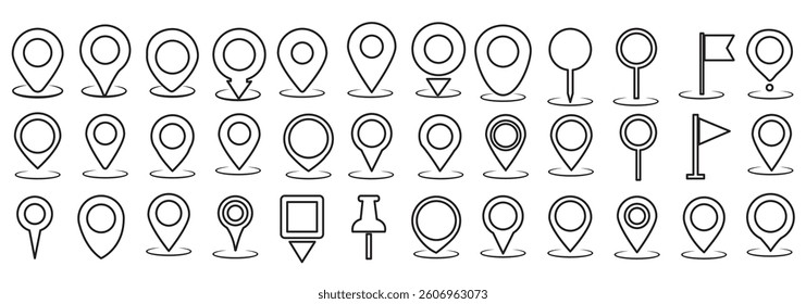 Location marker, map pin icon set. Flat icon set of location and map pins. Map pin place marker. Location pointer icon symbol in flat style. Position symbol. Point illustration sign collection