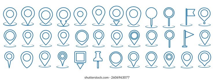 Location marker, map pin icon set. Flat icon set of location and map pins. Map pin place marker. Location pointer icon symbol in flat style. Position symbol. Point illustration sign collection
