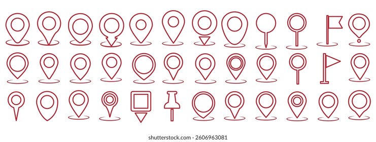 Location marker, map pin icon set. Flat icon set of location and map pins. Map pin place marker. Location pointer icon symbol in flat style. Position symbol. Point illustration sign collection
