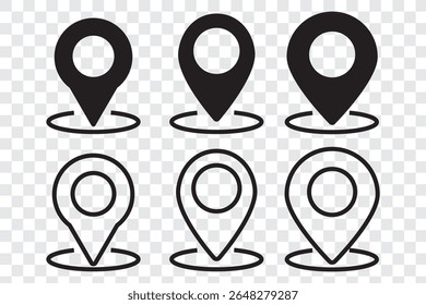 Marcador de localização, conjunto de ícones de pin do mapa. Conjunto de ícones planos de localização e pinos do mapa. Marcador de lugar do pino do mapa. Símbolo de ícone de ponteiro de local em estilo simples. Símbolo de posição. Coleção de sinais de ilustração de ponto