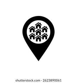 Location Marker with Multiple Houses Icon - Black Filled